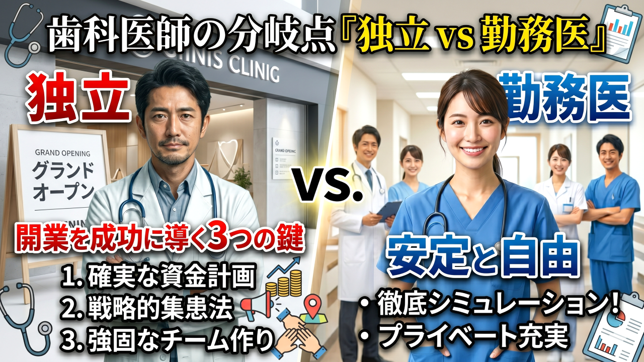 歯科医師の独立開業と勤務医継続を比較するイメージ